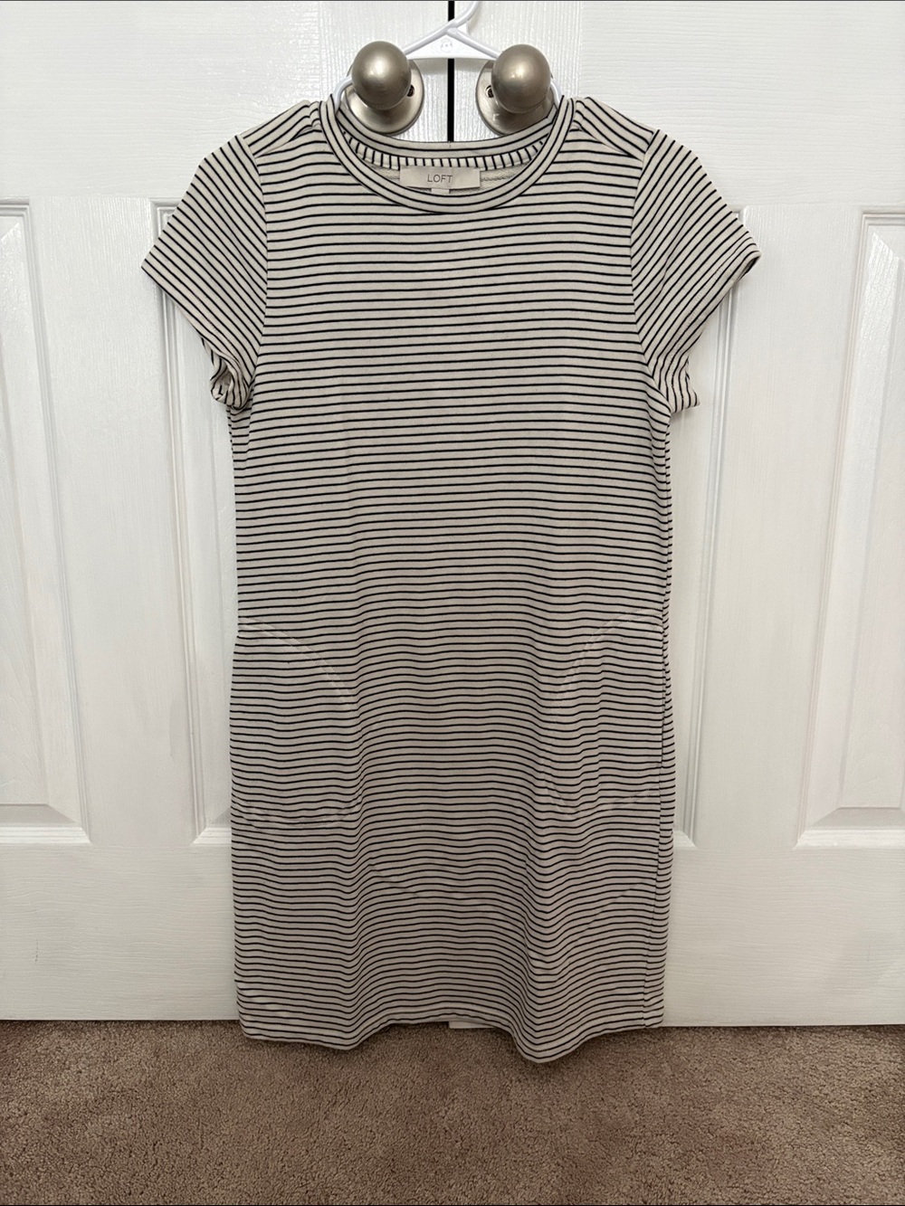LOFT Cream and Black Striped Tee Dress